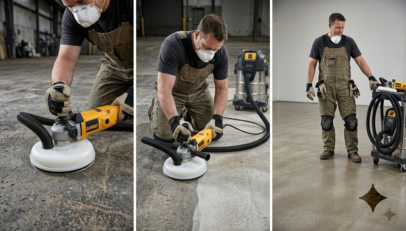 Operator using the KS100 dust collector hood on a DeWalt grinder to sand and grind a concrete warehouse floor with full dust capture into a DeWalt shop vacuum