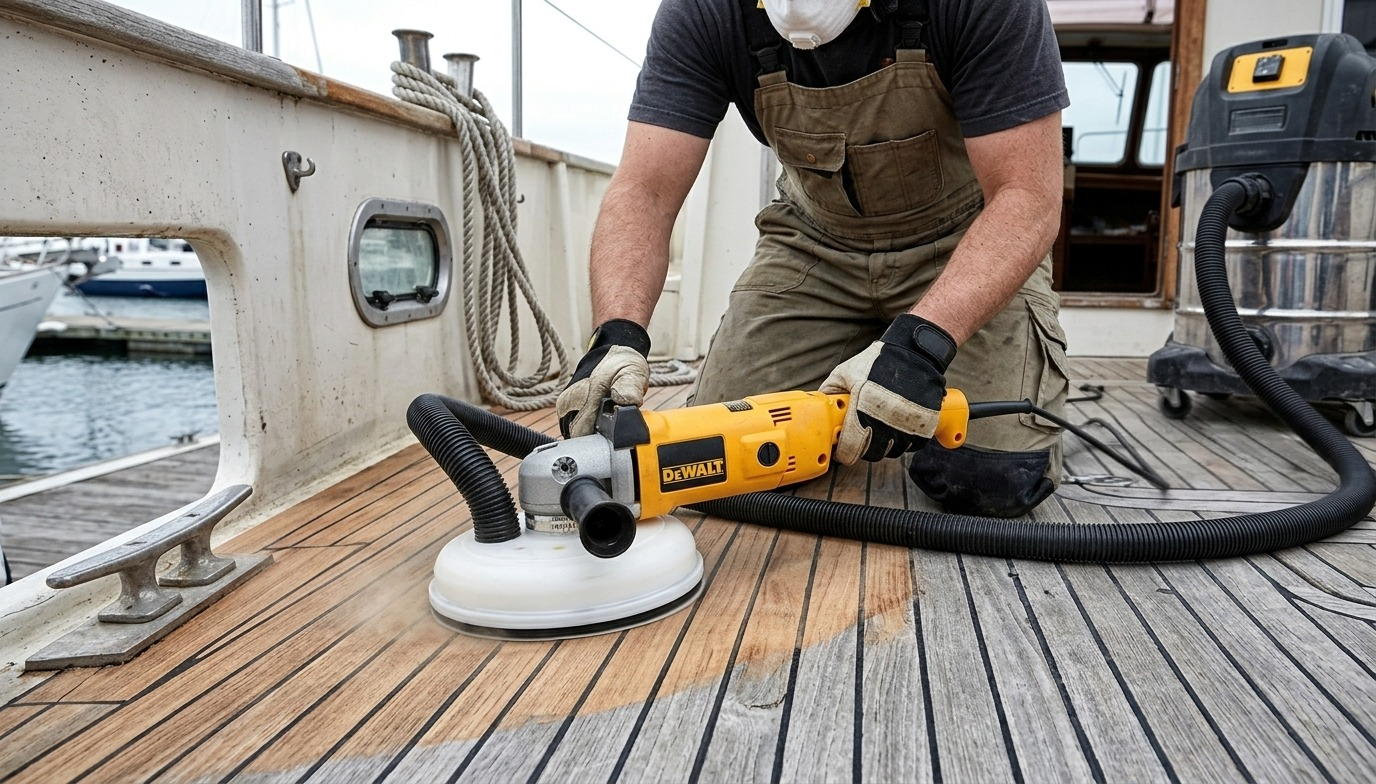 Operator using the KS100 dust collector hood on a DeWalt grinder to sand a teak deck on a sailboat, with the dust contained directly through the vacuum hose